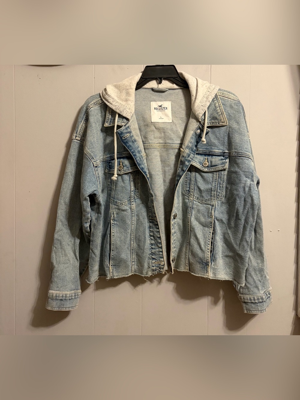 Hollister Light Wash Denim Jacket with Heather Gray Hood with MFG Raw edge